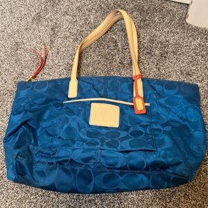 Coach Legacy Signature Nylon Tote Blue Leather Trim Zip Top Shoulder Bag